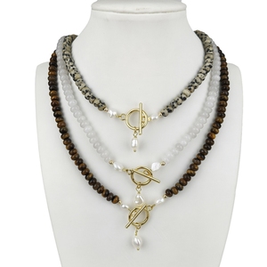 Collier ras du cou bohème en gros avec perles rondes de lapis-lazuli 4*6MM et fermoir à bascule avec breloque perle baroque, cadeau pour femme - Product Image 3