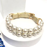 Collier pour chien en cuir grainé avec perles bleues, perles de strass, intercalaires en strass et boucle dorée pour chiens de grande, moyenne et petite taille