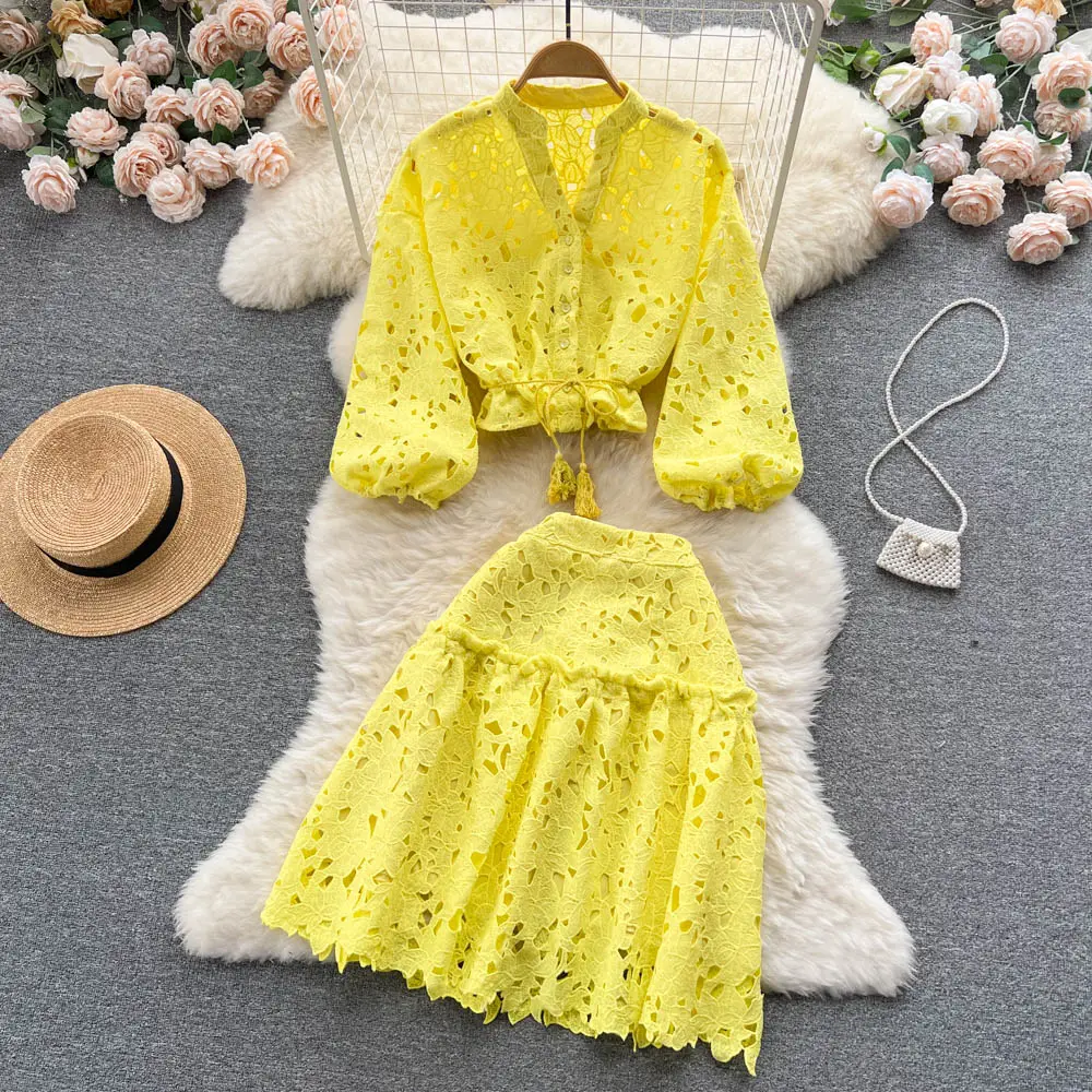 Wholesale 2022 Fashion Western Style Summer Style Reduction Hollow Lantern Sleeve Shirt Half Body Skirt Women's Set