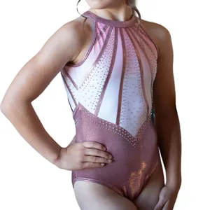 Custom Rhinestones Sublimation Mystique Fabric Sleeveless Competition Gymnastics Leotards For Girls