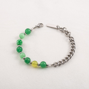 yunnique Men's Titanium Steel Cuban Chain Green Imitation Jade <b>Beaded</b> <b>Bracelet</b> Ball Shape Geometric Design XYB0092 - Product Image 1