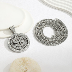 Collier pendentif rotatif en alliage de zinc, motif pièce de monnaie géométrique, avec micro-diamants, style urbain, couleur or et argent - Product Image 4