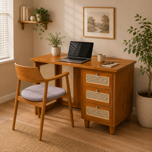 Wooden <b>Computer</b> <b>Desk</b> With Cane Panel Drawers And Upholstered Chair Office Workspace Furniture Set From Indonesia - Product Image 1