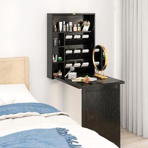 Space-Saving Foldable Wall-Mounted <strong>Floating</strong> Wood <strong>Desk</strong> Single Storage <strong>Shelves</strong> Hooks for Small Home Office Dorm Room Murphy <strong>Desk</strong> - Product Image 3