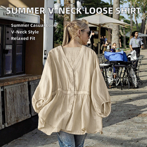 Women's <b>Linen</b> V-Neck Blouse With Balloon Sleeves Loose Fit Solid Color Casual Spring Summer <b>Top</b> Breathable Woven Fabric - Product Image 2