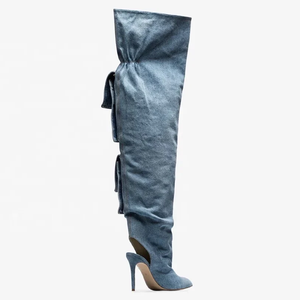 המפעל הסיטונאי ג 'ינס רחב עגל גבוה מעל הברך הברך הירך מגפיים גבוהים לנשים - Product Image 4