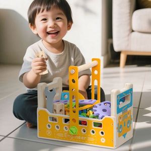Coffret d'outils multifonctionnel en bois naturel pour enfants, 91 pièces, avec tournevis électriques, pour la construction et le bricolage - Product Image 6