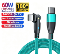 Câble de données à charge rapide Type-C 60W, rotatif à 180°, avec gaine tressée en nylon, compatible avec les téléphones et les ordinateurs portables