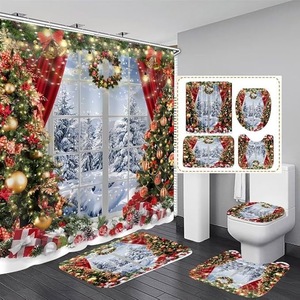Cortina de Ducha de Poliéster con Diseño de Árbol de Navidad Rojo y Muñeco de Nieve, Cortina de Baño con Impresión Digital Personalizada, Impermeable, Venta al Por Mayor - Product Image 2