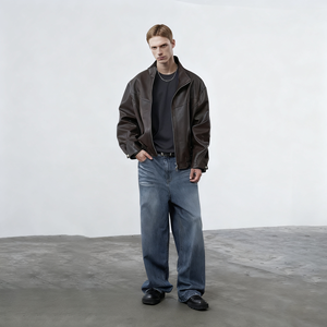 Мужская повседневная кожаная куртка на молнии с высоким воротом - Product Image 2