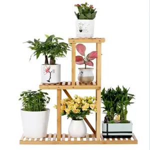 Soporte de bambú para plantas, ahorra espacio, 3 niveles, para interiores y exteriores, soporte para macetas múltiples