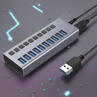 16 Port Powered USB 3.0 Hub Aluminium Alloy Multiport Splitter Sakelar Individual Adaptor 12V 7.5A untuk PC