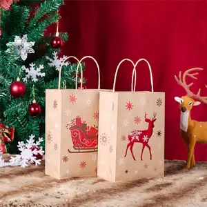Benutzer definiertes Logo Weihnachts feier Verpackung Schneemann Schlitten Elch Kraft papier mit Griff Weihnachts geschenk Taschen