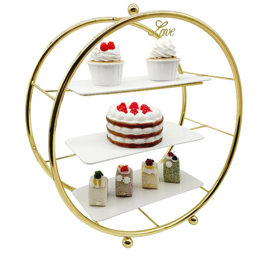 עגול צורה תלת ממדי מתכת עוגת דוכן תצוגה מחזיק לחתונה ואחר הצהריים תה