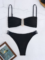 Ensemble bikini sexy à découpes, col en V, soutien-gorge triangle, avec anneau métallique en U, couleur unie, deux pièces respirantes pour femme