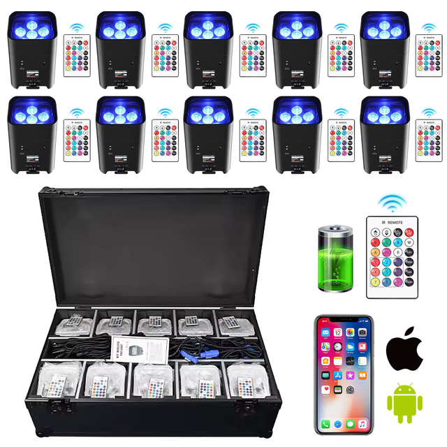 10pcs 6x18w RGBAW UV 6in1 Battery Wireless DMX Wifi LED Uplight Par Can Light with Charge Case for Wedding Party Bar