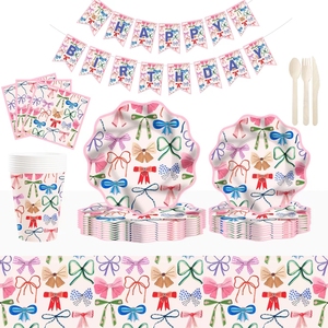 DAMAI - Platos y Vasos Desechables de Papel con Diseño de Lazo para Fiestas de Cumpleaños, Decoraciones Rosas para Fiestas de Niñas - Product Image 1