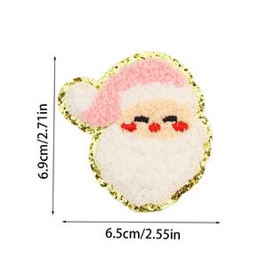 Small Iron on Embroidery Cute <b>pink</b> Christmas Tree Santa Claus Snow Chenille Patch for Decoration - Product Image 6