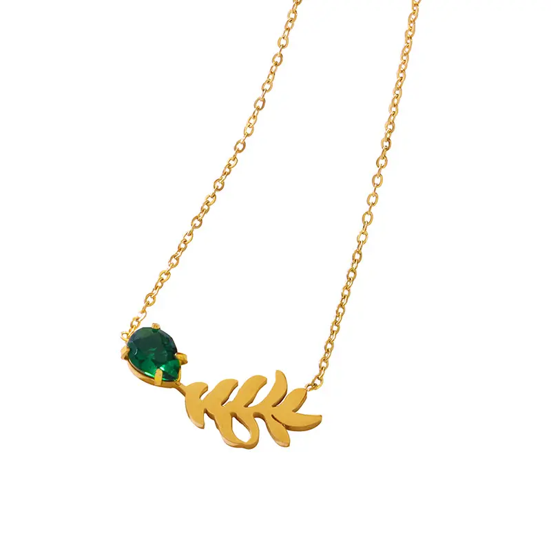 Emerald Leaf Crystal Choker Necklace 316l Stainless Steel 18k Gold Plated Jewelry Necklaces For Ladies