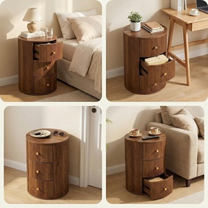 <strong>Mid</strong> <strong>Century</strong> Round End <strong>Table</strong> with 3 Storage Drawers Wood Storage <strong>Side</strong> <strong>Table</strong> Beside <strong>Tables</strong> Bedroom Closed Nightstand - Product Image 2