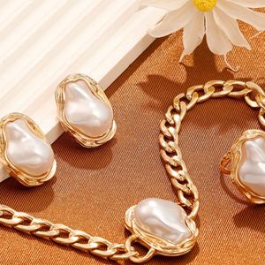 Unique Gold Plated Bracelet Earring <b>Necklace</b> <b>Set</b> Irregular Shape <b>PEARL</b> RINGS and Chains Neckless Complete Jewelry <b>Set</b> for Women - Product Image 4