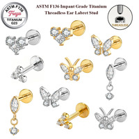 Labret sans filetage Freya Implant en Titane ASTM F136 avec Zircon à dos plat, type Push Pin, pour piercing de cartilage, d'oreille, de lèvre et bijoux de corps