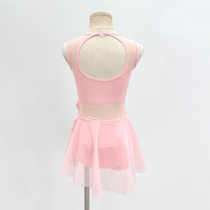 Vestido de Danza para Niñas, Color Rosa Floral, Malla Transparente, Sin Mangas, Spandex/Nailon, Apliques Florales Hechos a Mano, para Danza Lírica - Product Image 5