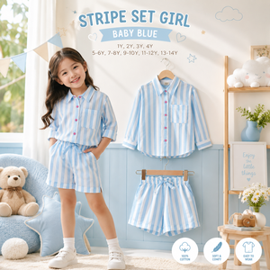Ensemble rayé pour fille bleu bébé, offrant un confort doux en coton naturel avec un look rayé pour les filles actives et confiantes au quotidien - Product Image 3