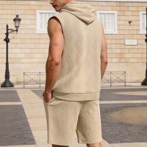 Ensemble gilet sans manches à capuche et short pour homme, couleur unie, tricot jacquard, tenue de sport décontractée pour les loisirs, kaki, noir, vert, gris, blanc - Product Image 5