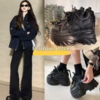 Baskets décontractées noires à lacets et bout épais de 14 cm pour petites femmes, super stylées et très populaires cette année, chaussures d'hiver compensées et épaisses