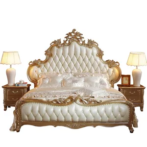 Set Tempat Tidur Desain Eropa, Tempat Tidur Klasik Antik Kayu Modern King Size Mewah