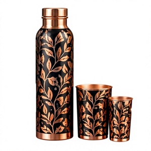 Artistic Copper <b>Water</b> <b>Bottle</b> and Cup Set with Lid Black Leaf Pattern Leak Proof <b>BPA</b> <b>Free</b> Portable Travel Drinkware - Product Image 1