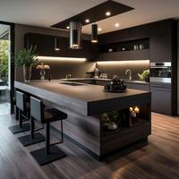 Îlot de cuisine moderne personnalisé en bois massif avec construction verre/résine, finition laquée noire, surface de panneau pour usage en villa