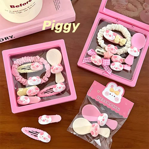 Ensemble d'accessoires capillaires mignons motif cochon, pinces à franges, pinces latérales, élastiques à cheveux, attaches pour queue de cheval et pinces BB pour femmes - Product Image 6