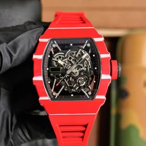 Montre de luxe de haute couture, boîtier en fibre de carbone rouge, squelette automatique, mécanique, pour homme, bracelet en caoutchouc rouge, étanche, nouvelle - Product Image 2