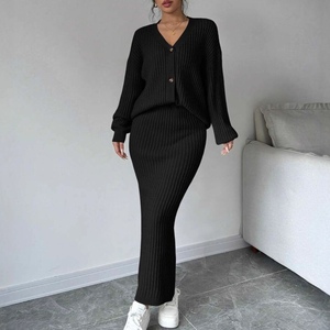 Women's Solid Color Casual Long-Sleeve <b>Cardigan</b> <b>Sweater</b> and Skirt Fall/Winter 2-Piece Set Fashion - Product Image 4