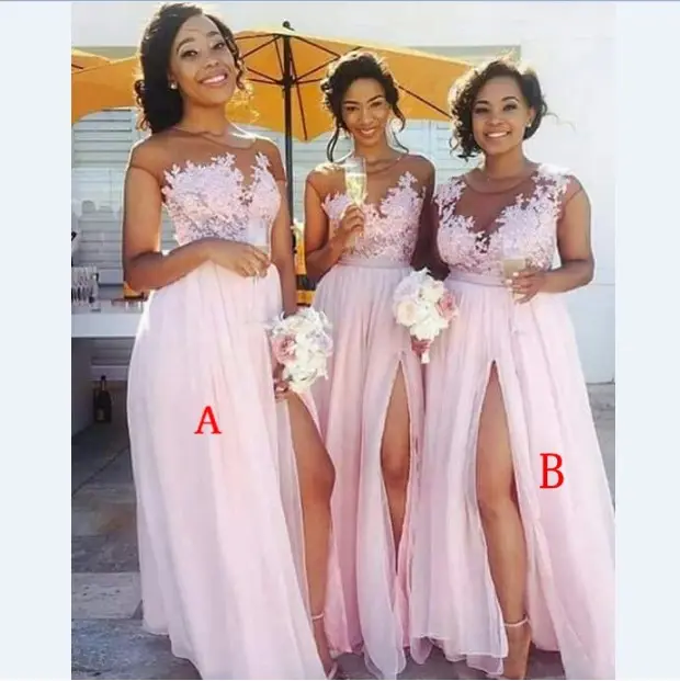 Vestido de dama de honor MBLB519, Túnica barata, Vestido largo con abertura lateral, color rosa, africano, para boda