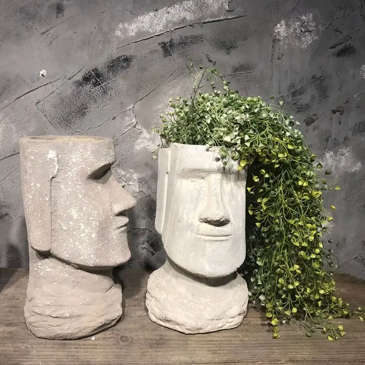 Paaseiland Moai Monoliet Sculptuur Hars Buste Figuur Standbeeld Hot Nieuwe Tuin Decor Figuur Cement Plantenbakken Hoofd Potten