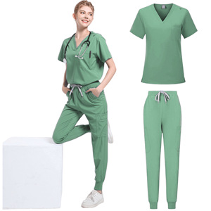 Women Scrub Set Green V Neck <b>Top</b> Jogger Pants Moisture Wicking Hospital Uniform Split Set For Doctors Nurses - Product Image 4
