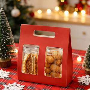 Sac fourre-tout personnalisable à double compartiment pour desserts, avec poignées découpées et fenêtre, fabriqué en papier kraft rouge festif. - Product Image 6