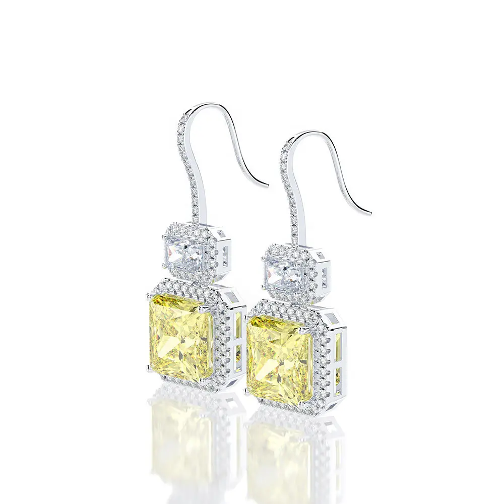 Boucle d'oreille en argent Sterling 2023, 10x10mm, diamant jaune émeraude, 8A, zircone, bijoux 4x6mm, fil Baguette, boucles d'oreilles pour femmes, nouvelle collection 925