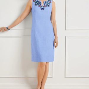 Robe d'été décontractée en coton et lin à la mode, col en V, broderie, sans manches, mini-robe pour femmes - Product Image 2