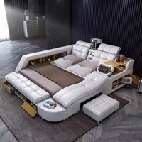 Lit en cuir extensible moderne et intelligent Conception de bronzage Canapé-lit rembourré pour adultes avec rangement Cadre de lit de luxe