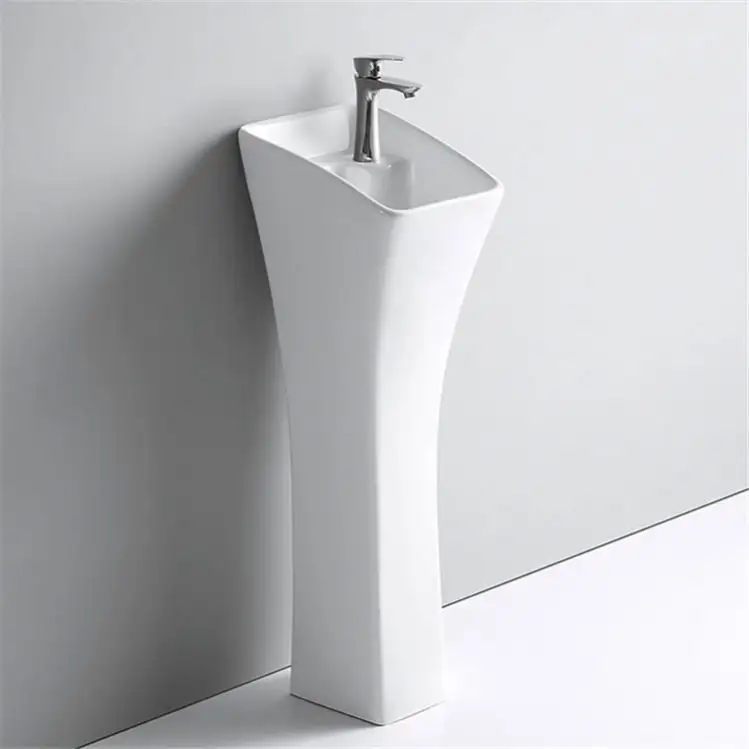 Home/Hotel/Resturant/Bathroom Freestanding One Piece Pedestal Sinks Bathroom Glossy White Ceramic Hand Wash Pedestal Sink Basin