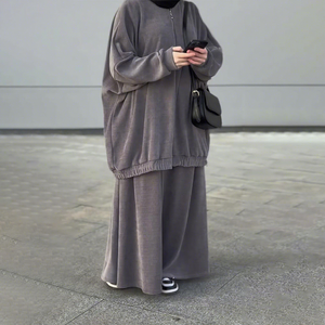 Collezione Autunno Inverno Habib: Set 2 Pezzi in Velluto a Coste per Donne Musulmane, <span class=keywords><strong>Abbigliamento</strong></span> Islamico Stampato, Top e Gonna, Vendita all'Ingrosso - Product Image 1