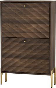Meuble à chaussures en noyer avec portes texturées diagonales, 2 tiroirs rabattables, organiseur fin, étagère à chaussures étroite autoportante pour entrée - Product Image 5