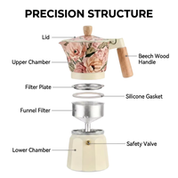 Cafetière Moka Kingze OEM ODM personnalisée avec décalcomanie, 150 ml, 300 ml, poignée en bois de hêtre, marque privée