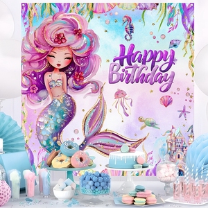 Alat peraga foto latar belakang putri duyung ungu 120*120 cm latar belakang pesta ulang tahun anak perempuan dekorasi pesta ulang tahun Pancuran bayi - Product Image 3