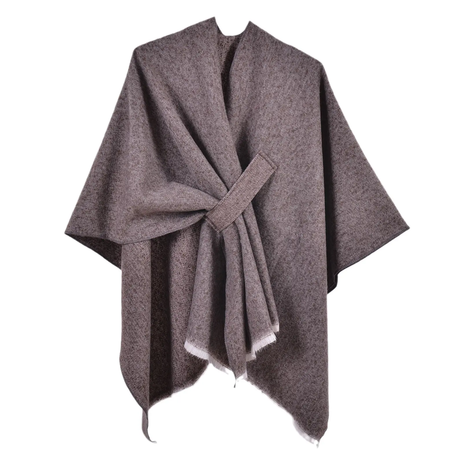 Grosir ponco musim gugur musim dingin jubah wanita kain wanita sederhana warna Solid Split imitasi kasmir luar selendang