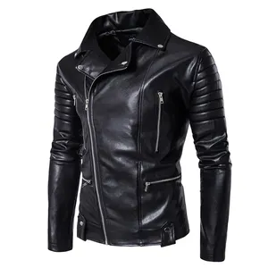 Chaqueta de motocicleta de cuero PU con cremallera múltiple ajustada para hombre, venta al por mayor